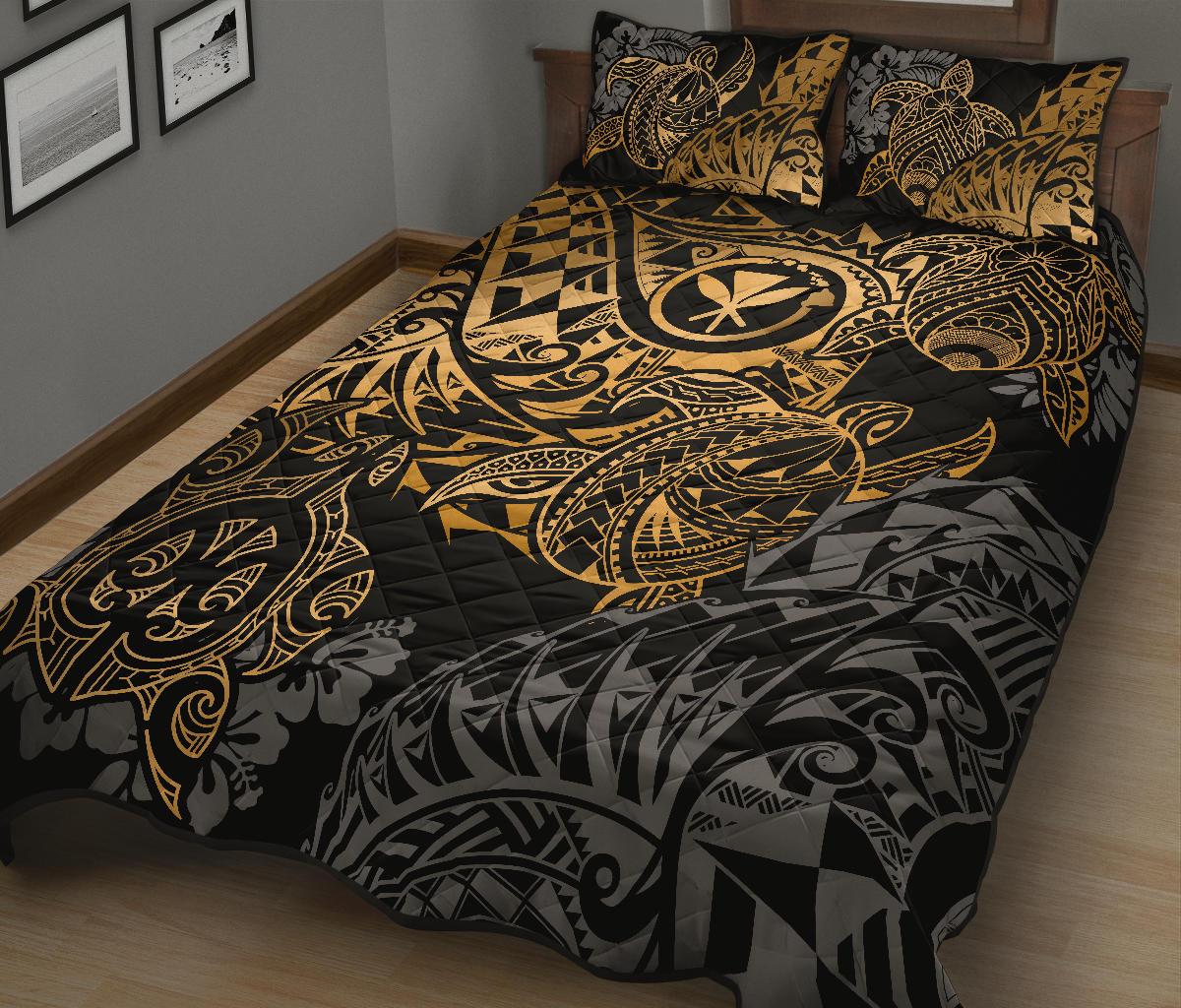 Hawaii Polynesian Quilt Bed Set - Gold Kanaka Maoli Turtle - Polynesian Pride