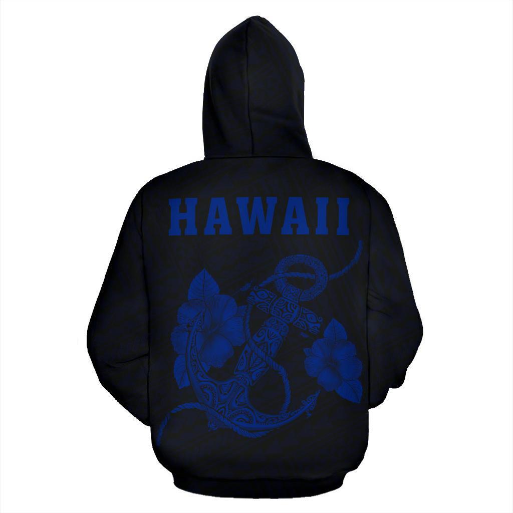 Polynesian Kakau Anchor Hibiscus Hawaii Zip Hoodie Blue - Polynesian Pride