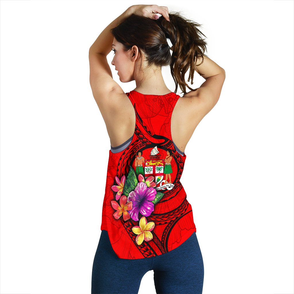 Fiji Polynesian Custom Personalised Women's Racerback Tank - Floral With Seal Red - Polynesian Pride