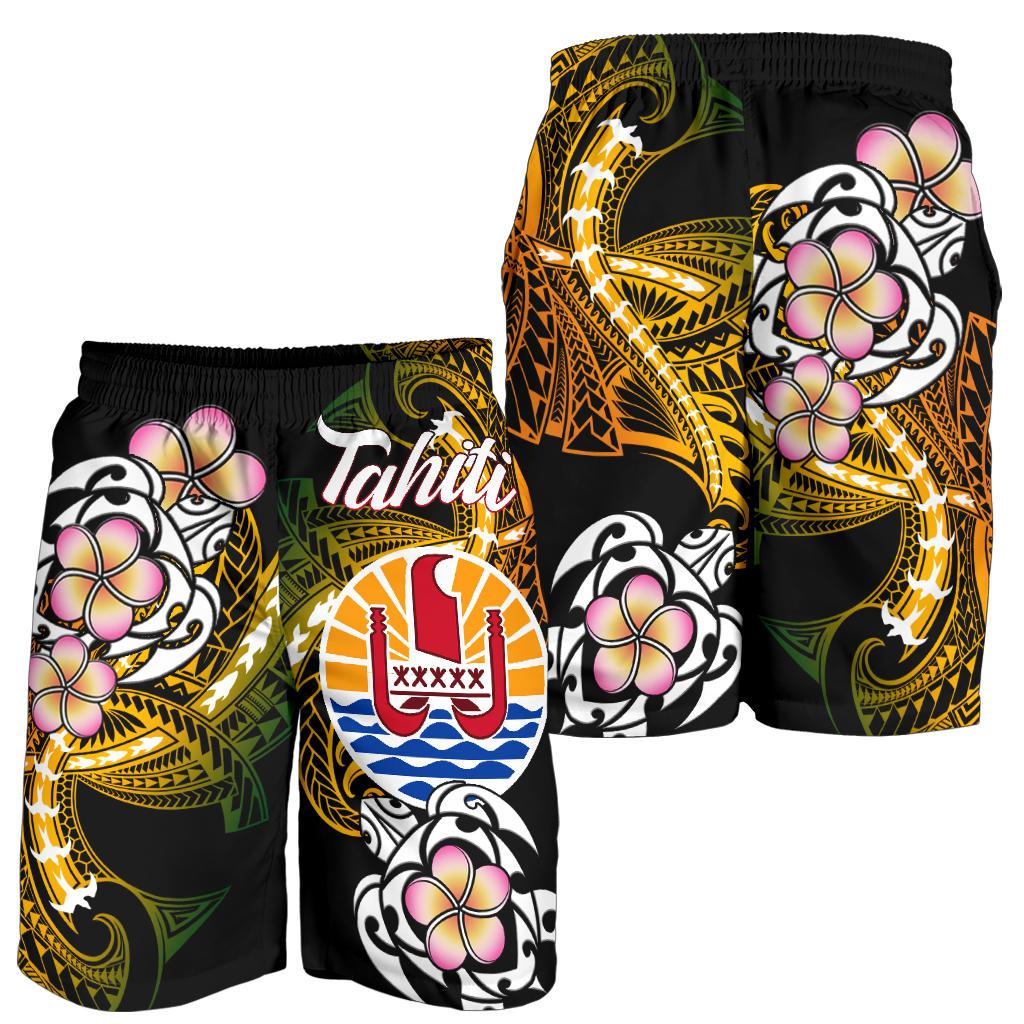 French Polynesia Tahiti Men's Shorts - Tahiti Of Seal Turtle With Plumeria Black - Polynesian Pride