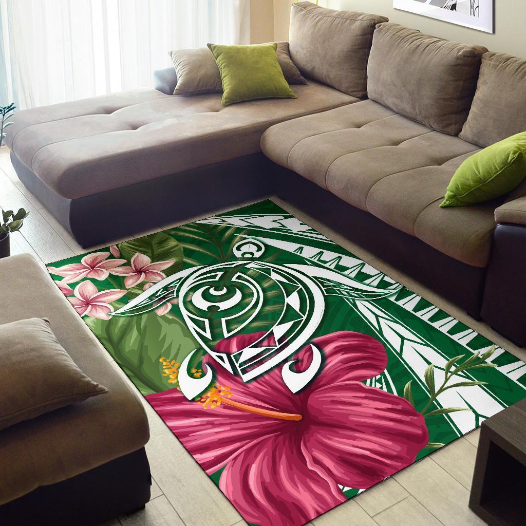 Hawaii Polynesian Turtle Tropical Hibiscus Plumeria Rug - Green - Polynesian Pride