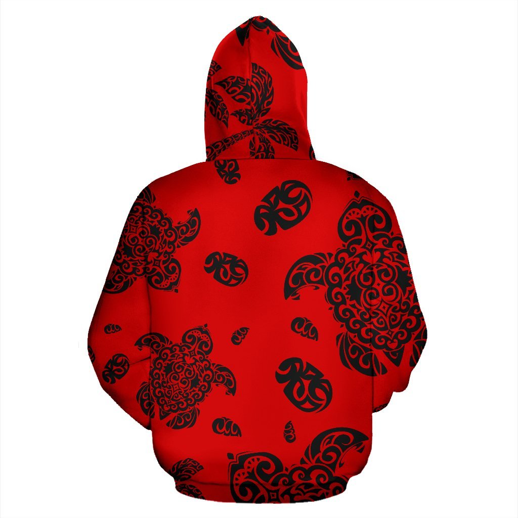 Hawaii Hoodie Polynesian Turtle Palm and Sea Pebbles Red Pullover - Polynesian Pride