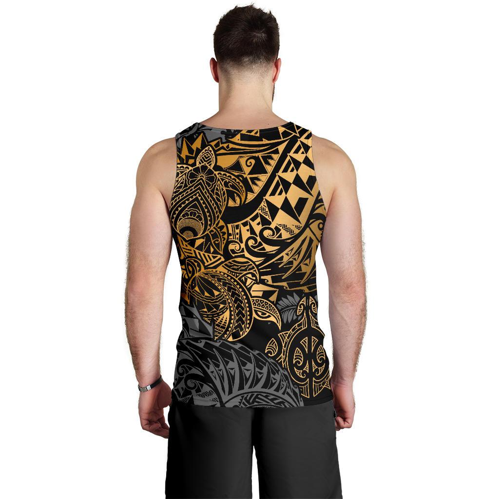 Polynesian Hawaii (Kanaka Maoli) Men's Tank Top - Gold Turtle Hibiscus Flowing - Polynesian Pride