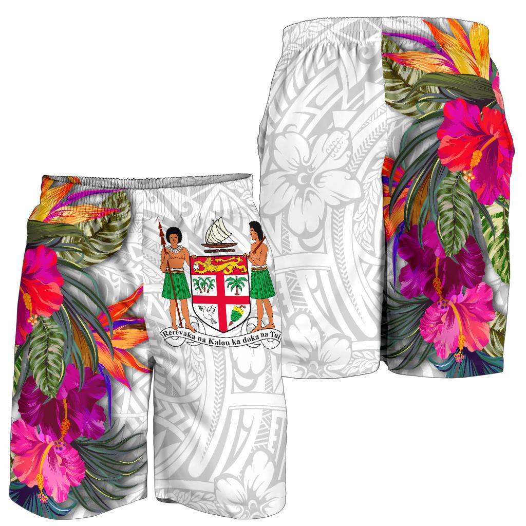 Fiji Polynesian All Over Print Men's Shorts - Hibiscus White Pattern - Polynesian Pride