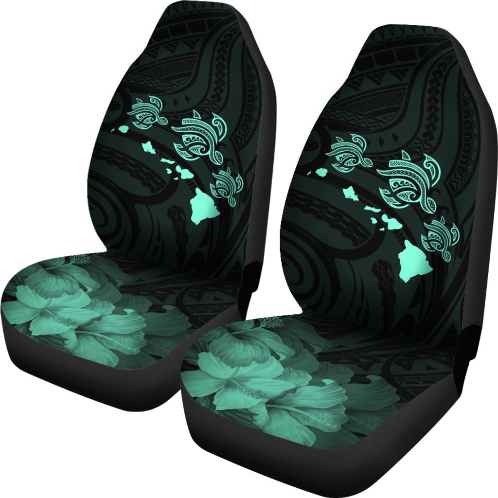 Hawaii Hibiscus Map Polynesian Ancient Turquoise Turtle Car Set Covers Universal Fit Turquoise - Polynesian Pride