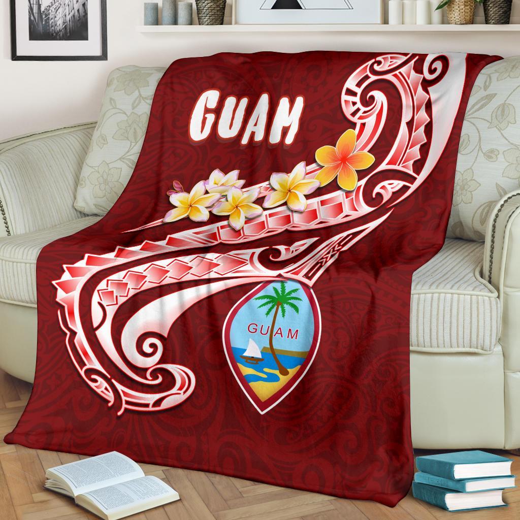 Guam Premium Blanket - Guam Seal Polynesian Patterns Plumeria (Red) White - Polynesian Pride