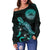 American Samoa Polynesian Women's Off Shoulder Sweater - Turtle With Blooming Hibiscus Turquoise - Polynesian Pride