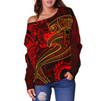 Samoa Women's Off Shoulder Sweater - Red Shark Polynesian Tattoo - Polynesian Pride