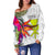 Hawaii Women's Off Shoulder Sweater Polynesian Hibiscus White Pattern - Polynesian Pride