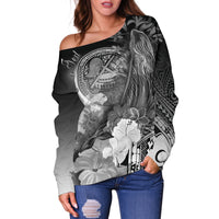 American Samoa Polynesian Custom Personalised Women's Off Shoulder Sweater - Humpback Whale with Tropical Flowers (White) - Polynesian Pride