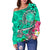 Hawaii Women's Off Shoulder Sweater - Turtle Plumeria Polynesian Tattoo Turquoise Color - Polynesian Pride