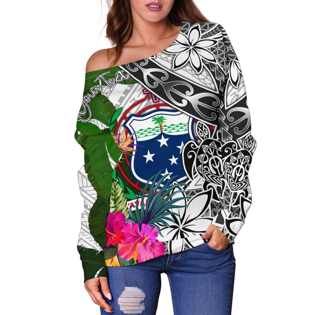 Samoa Custom Personalised Women's Off Shoulder Sweater White - Turtle Plumeria Banana Leaf - Polynesian Pride