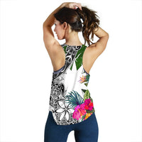Nauru Women's Racerback Tank White - Turtle Plumeria Banana Leaf - Polynesian Pride