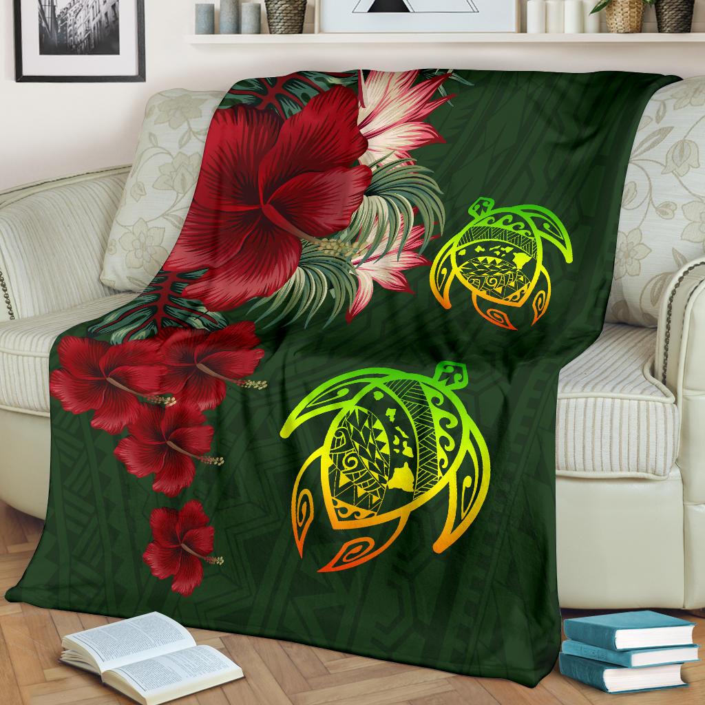 Hawaii Premium Blanket - Turtle Hibiscus Pattern Hawaiian Premium Blanket - Green White - Polynesian Pride