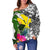 Hawaii Women's Off Shoulder Sweater White - Turtle Plumeria Banana Leaf - Polynesian Pride