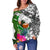 Pohnpei Women's Off Shoulder Sweater White - Turtle Plumeria Banana Leaf - Polynesian Pride