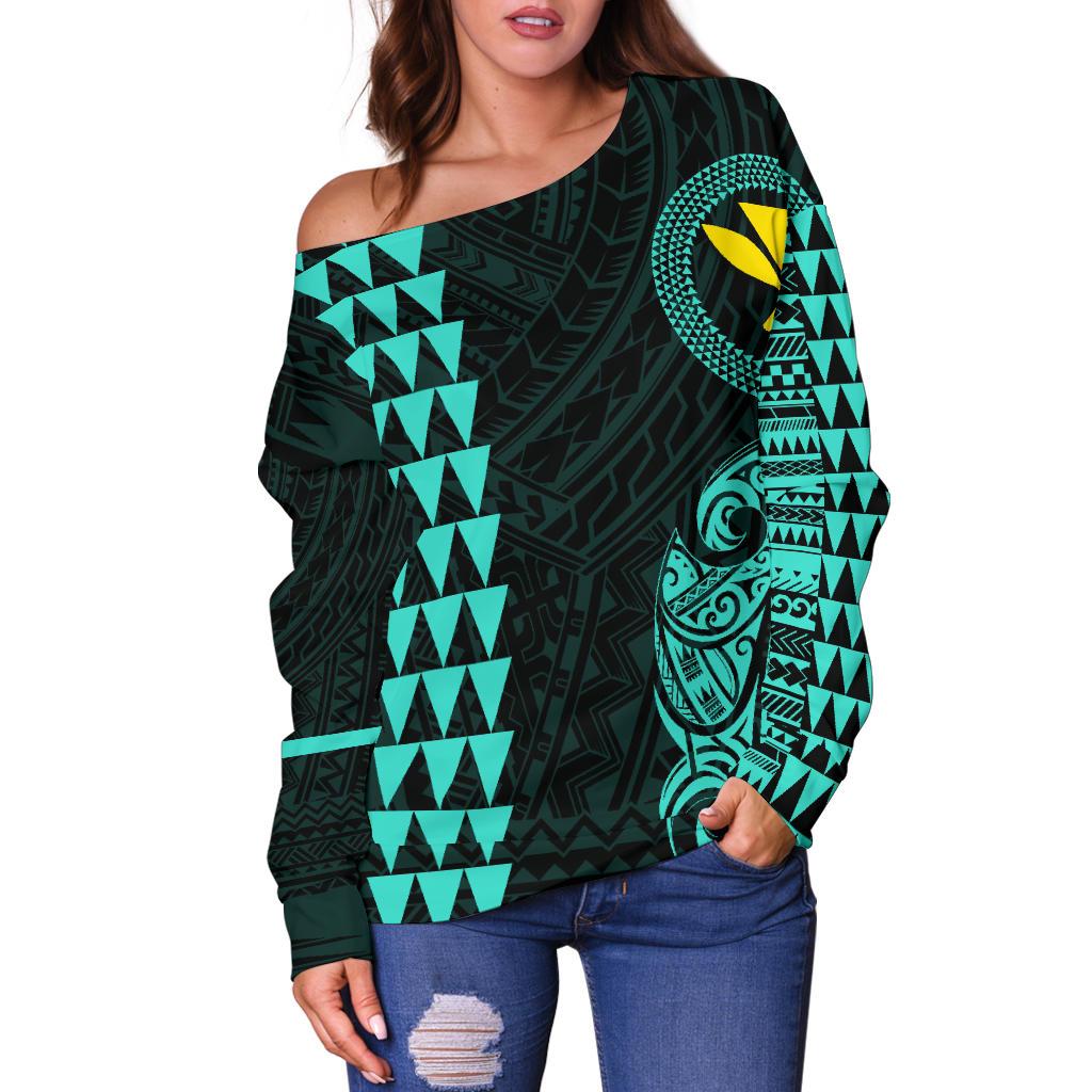 Hawaii Kanaka Polynesian Women's Off Shoulder Sweater - Turquoise - Polynesian Pride
