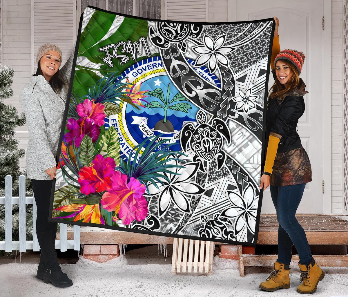 Federated States of Micronesia Premium Quilt White - Turtle Plumeria Banana Leaf - Polynesian Pride