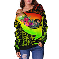American Samoa Women's Off Shoulder Sweater - Polynesian Hook And Hibiscus (Raggae) - Polynesian Pride