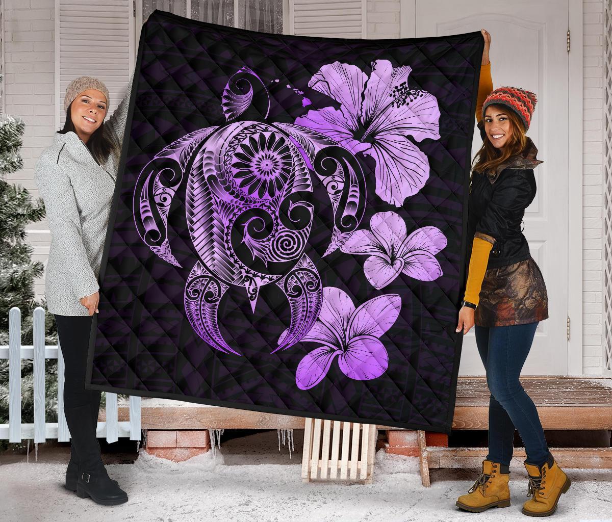 Hibiscus Plumeria Mix Polynesian Violet Turtle Premium Quilt - Polynesian Pride