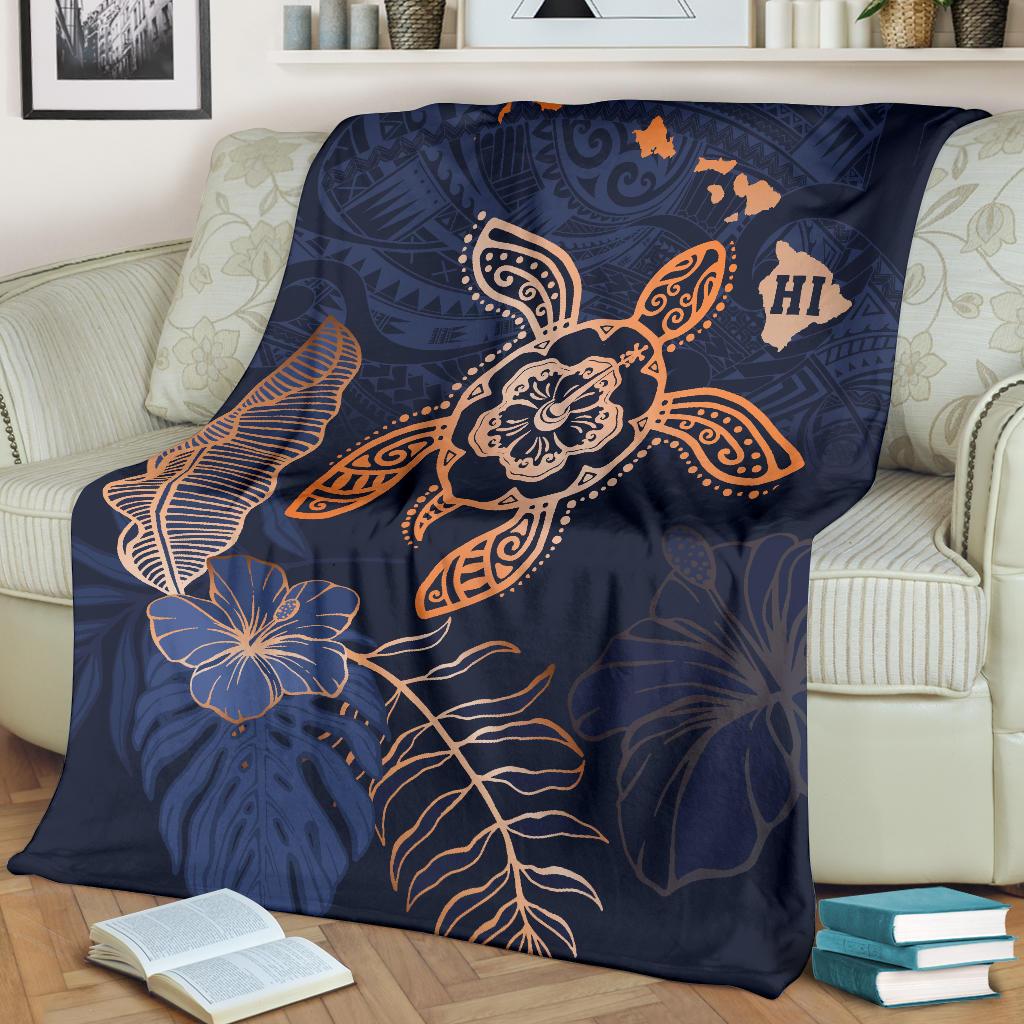 Hawaii Kakau Polynesian Turtle Map Premium Blanket - Indigo White - Polynesian Pride