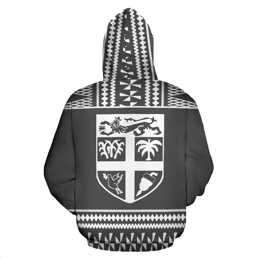 Fiji Tapa All Over Zip up Hoodie Grey and White Version - Polynesian Pride