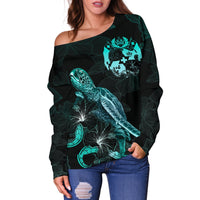 Tonga Polynesian Women's Off Shoulder Sweater - Turtle With Blooming Hibiscus Turquoise - Polynesian Pride