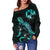 Tonga Polynesian Women's Off Shoulder Sweater - Turtle With Blooming Hibiscus Turquoise - Polynesian Pride