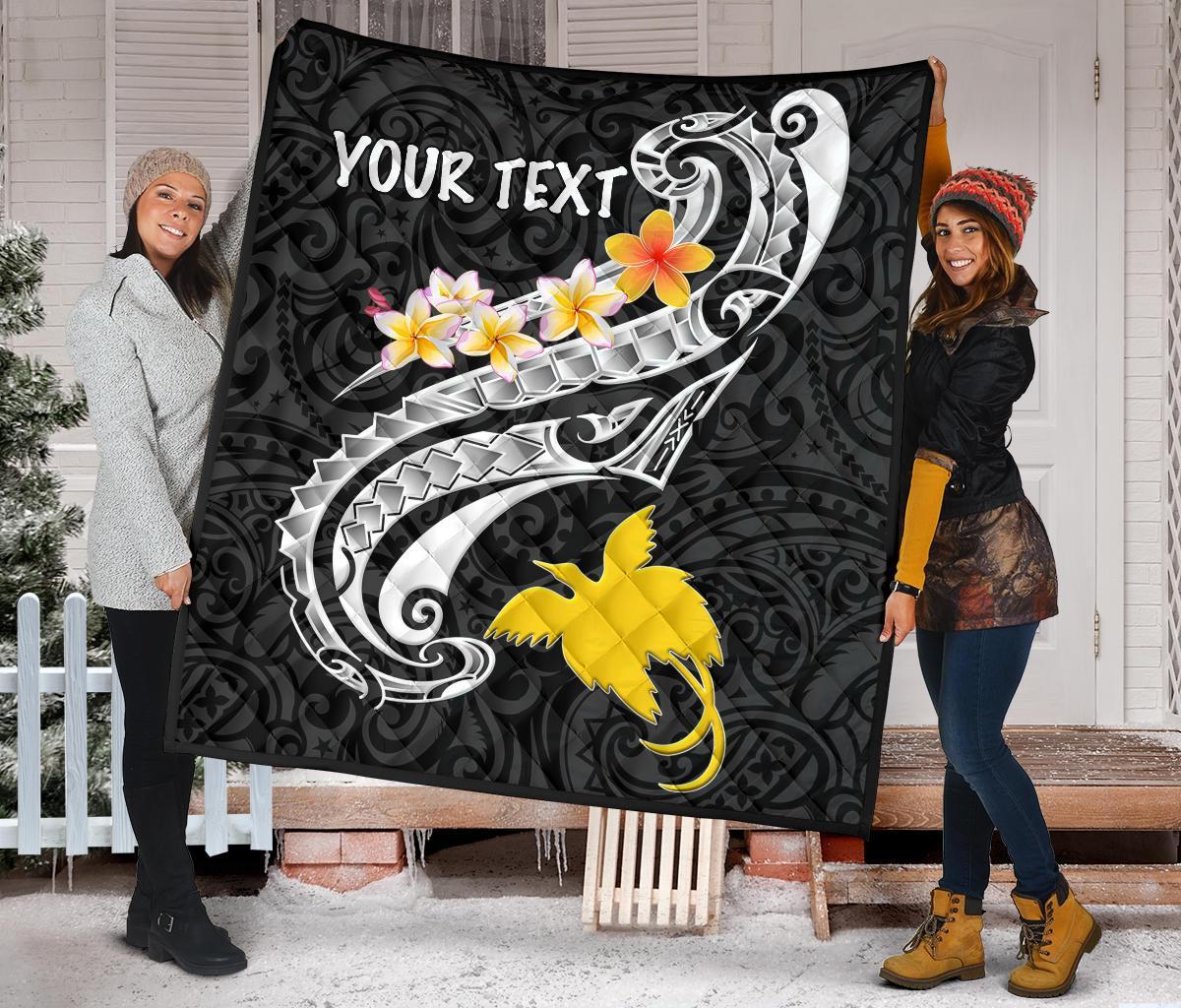 Papua New Guinea Custom Personalised Premium Quilt - PNG Seal Polynesian Patterns Plumeria (Black) - Polynesian Pride