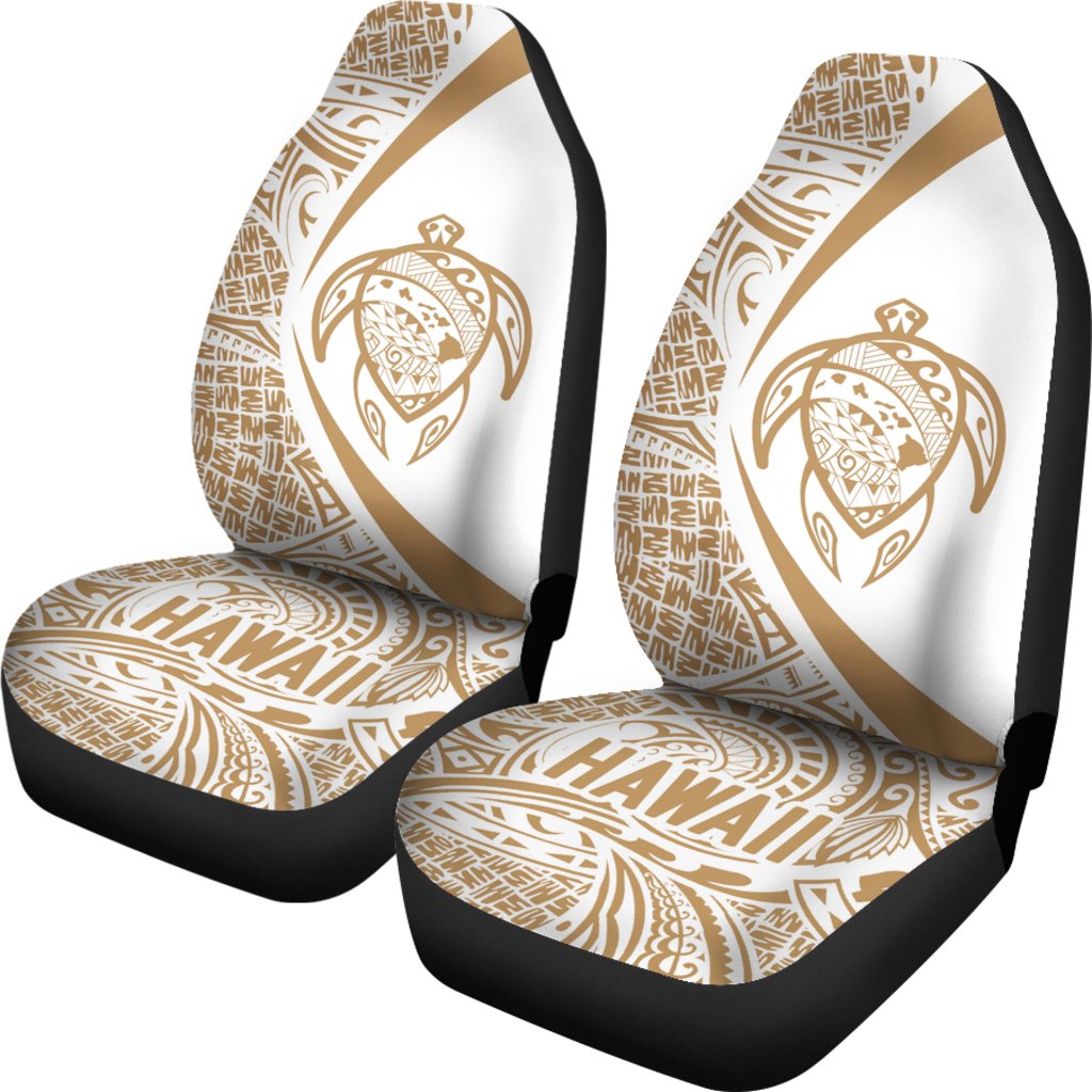 Hawaii Turtle Map Polynesian Car Seat Covers - White And Gold - Circle Style Universal Fit White And Gold - Polynesian Pride