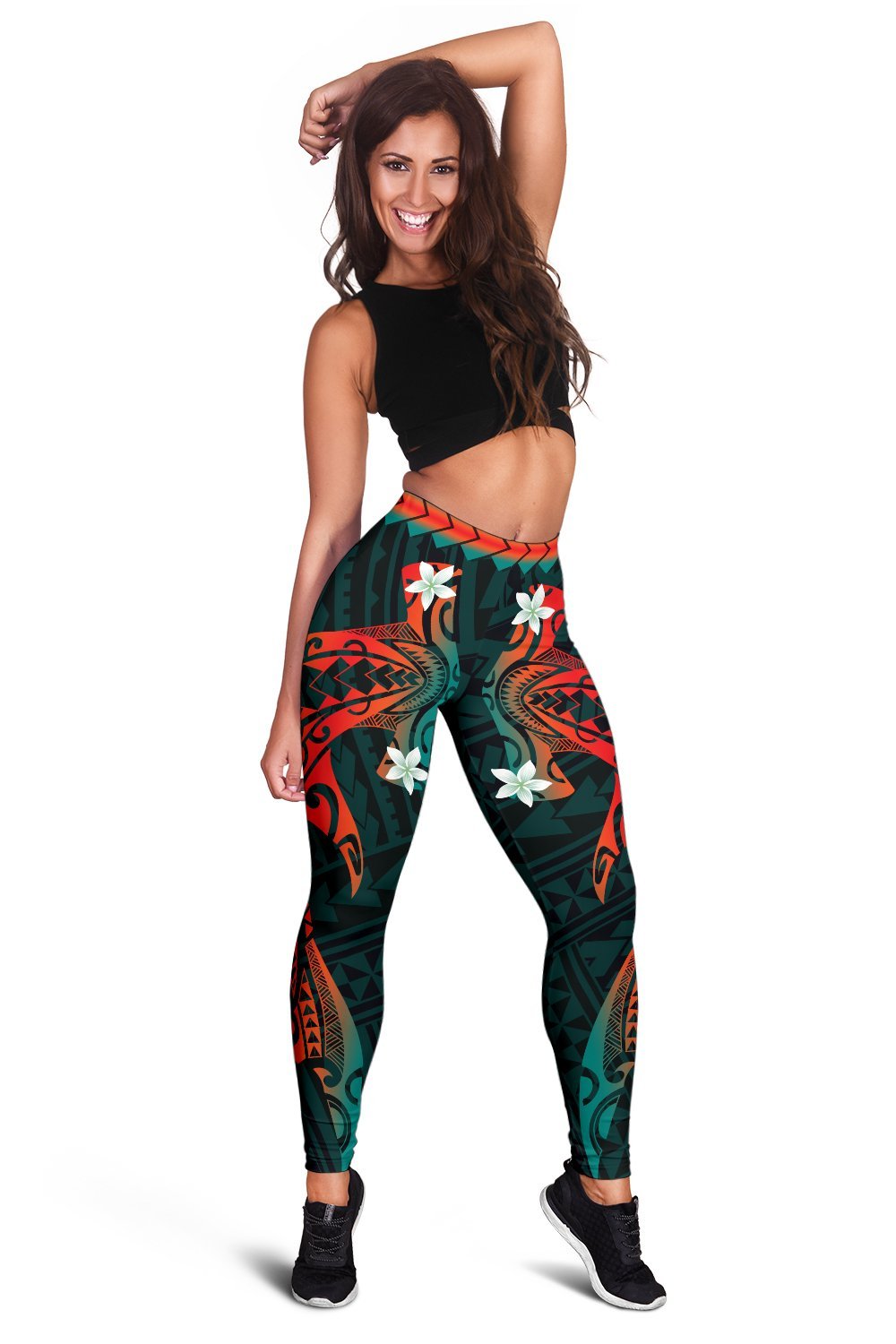Hawaiian Plumeria Shark Polynesian Women's Leggings - Alan Style - AH Cyan - Polynesian Pride