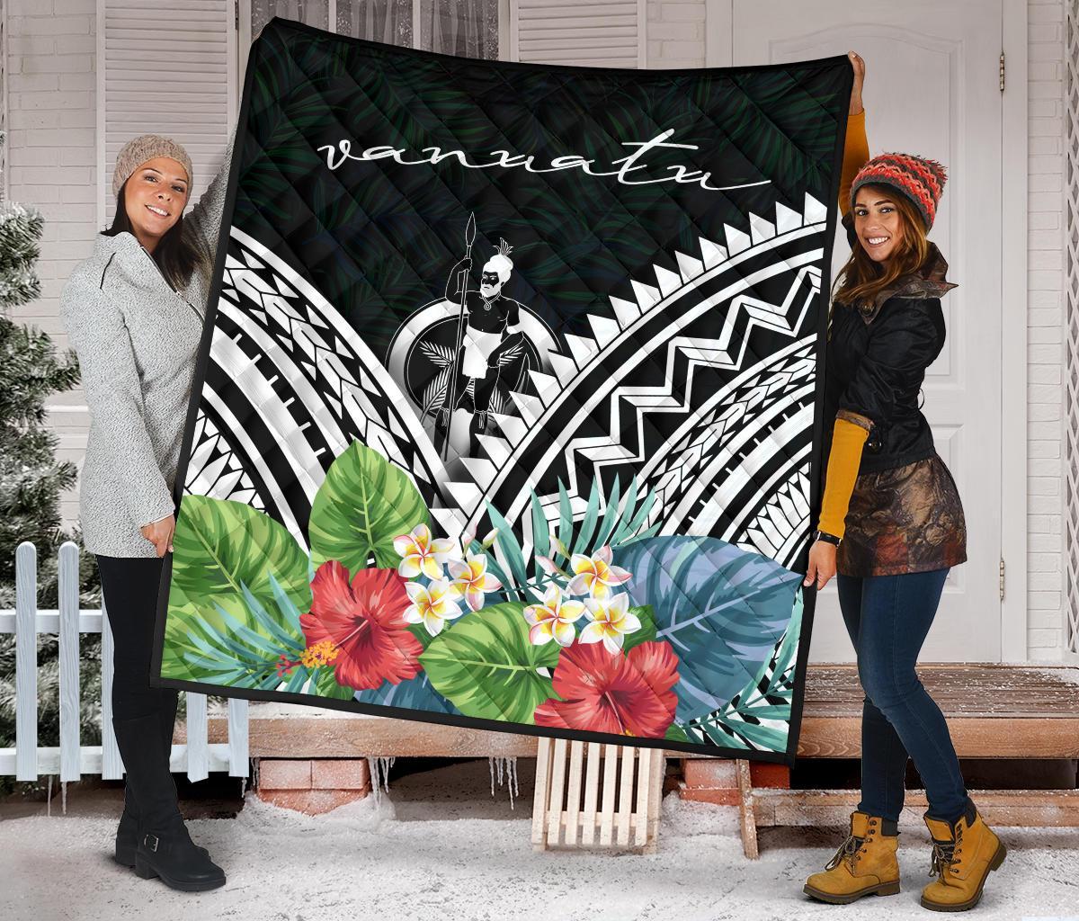 Vanuatu Premium Quilt - Vanuatu Coat of Arms & Polynesian Tropical Flowers White - Polynesian Pride