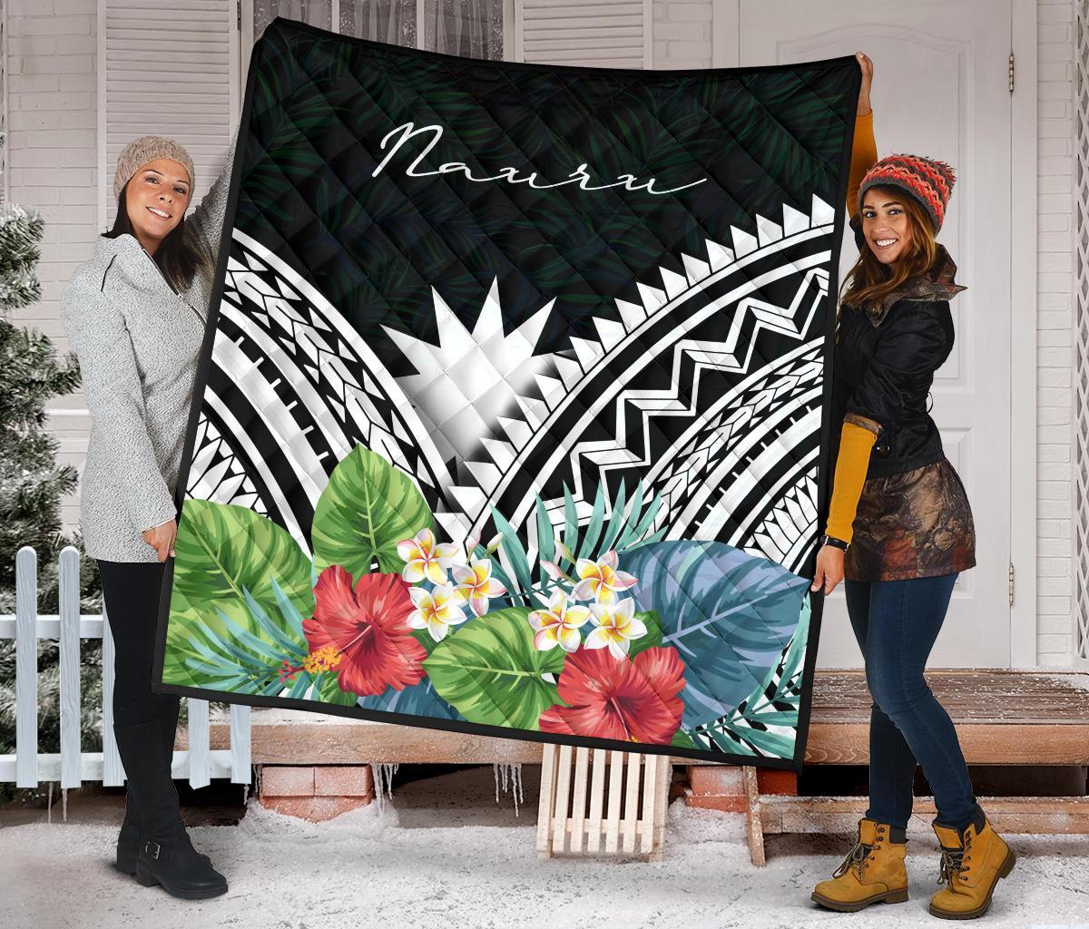 Nauru Premium Quilt - Nauru Coat of Arms & Polynesian Tropical Flowers White - Polynesian Pride