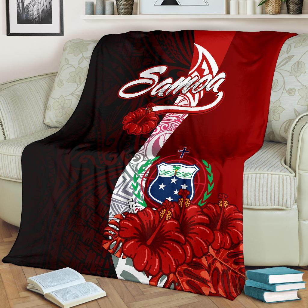 Samoa Polynesian Premium Blanket - Coat Of Arm With Hibiscus White - Polynesian Pride