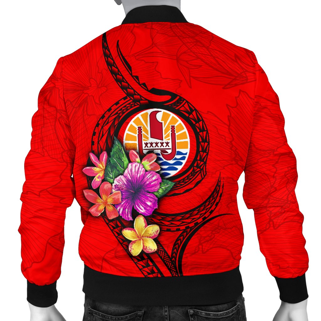 Tahiti Polynesian Men's Bomber Jacket - Floral With Seal Red - Polynesian Pride