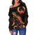 Pohnpei Polynesian Women's Off Shoulder Sweater - Turtle With Blooming Hibiscus Gold - Polynesian Pride