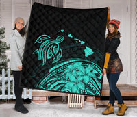 Hawaii Map Plumeria Polynesian Turquoise Premium Quilt - Polynesian Pride