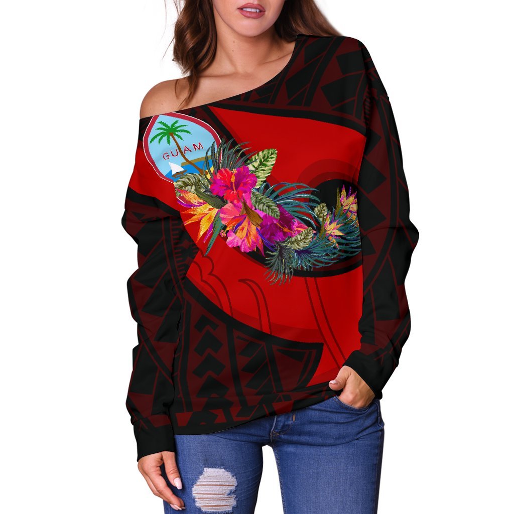 Guam Women's Off Shoulder Sweater - Polynesian Hook And Hibiscus (Red) Red - Polynesian Pride