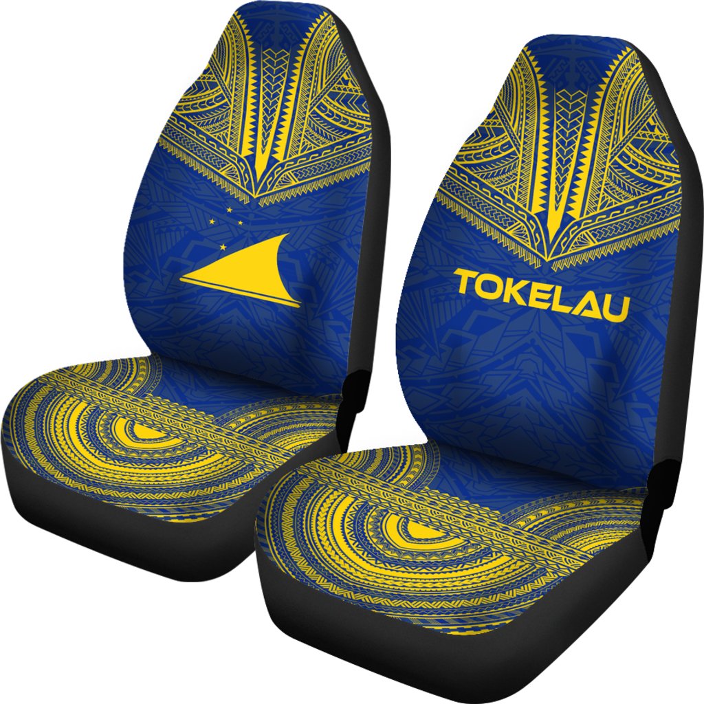 Tokelau Car Seat Cover - Tokelau Flag Polynesian Chief Tattoo Blue Version - Polynesian Pride