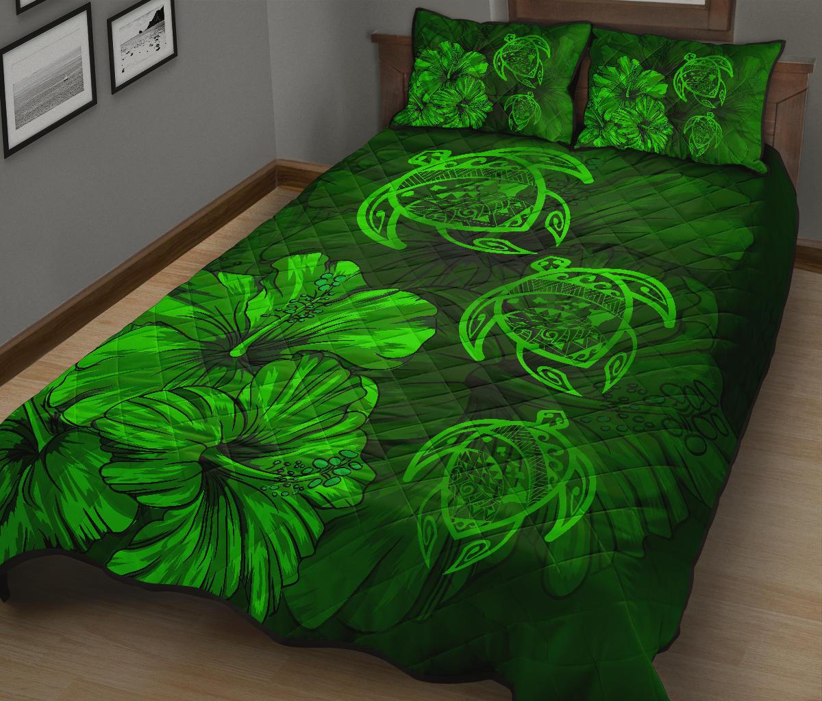 Hawaiian Map Turtle Hibiscus Vintage Polynesian Quilt Bedding Set Green - Polynesian Pride