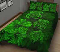 Hawaiian Map Turtle Hibiscus Vintage Polynesian Quilt Bedding Set Green - Polynesian Pride