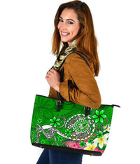 Tahiti Large Leather Tote Bag - Turtle Plumeria (Green) - Polynesian Pride
