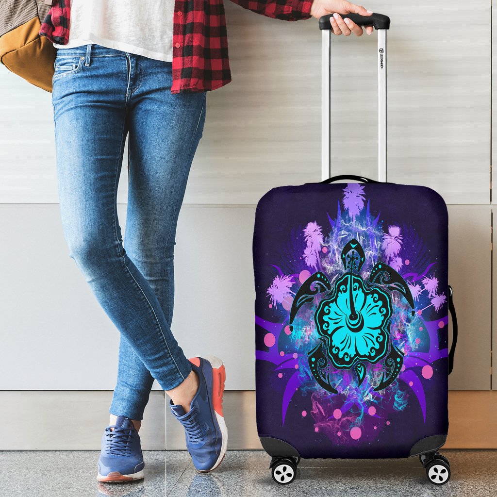 Turtle And Hibiscus Luggage Cover 02 Black - Polynesian Pride