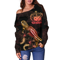 Samoa Polynesian Women's Off Shoulder Sweater - Turtle With Blooming Hibiscus Gold - Polynesian Pride