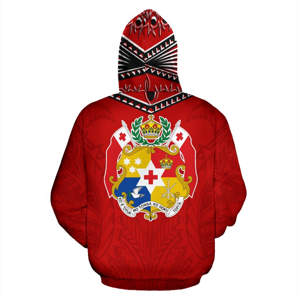 Tonga All Over Hoodie Tonga Flag COat of Arms Tribal Roots Red - Polynesian Pride