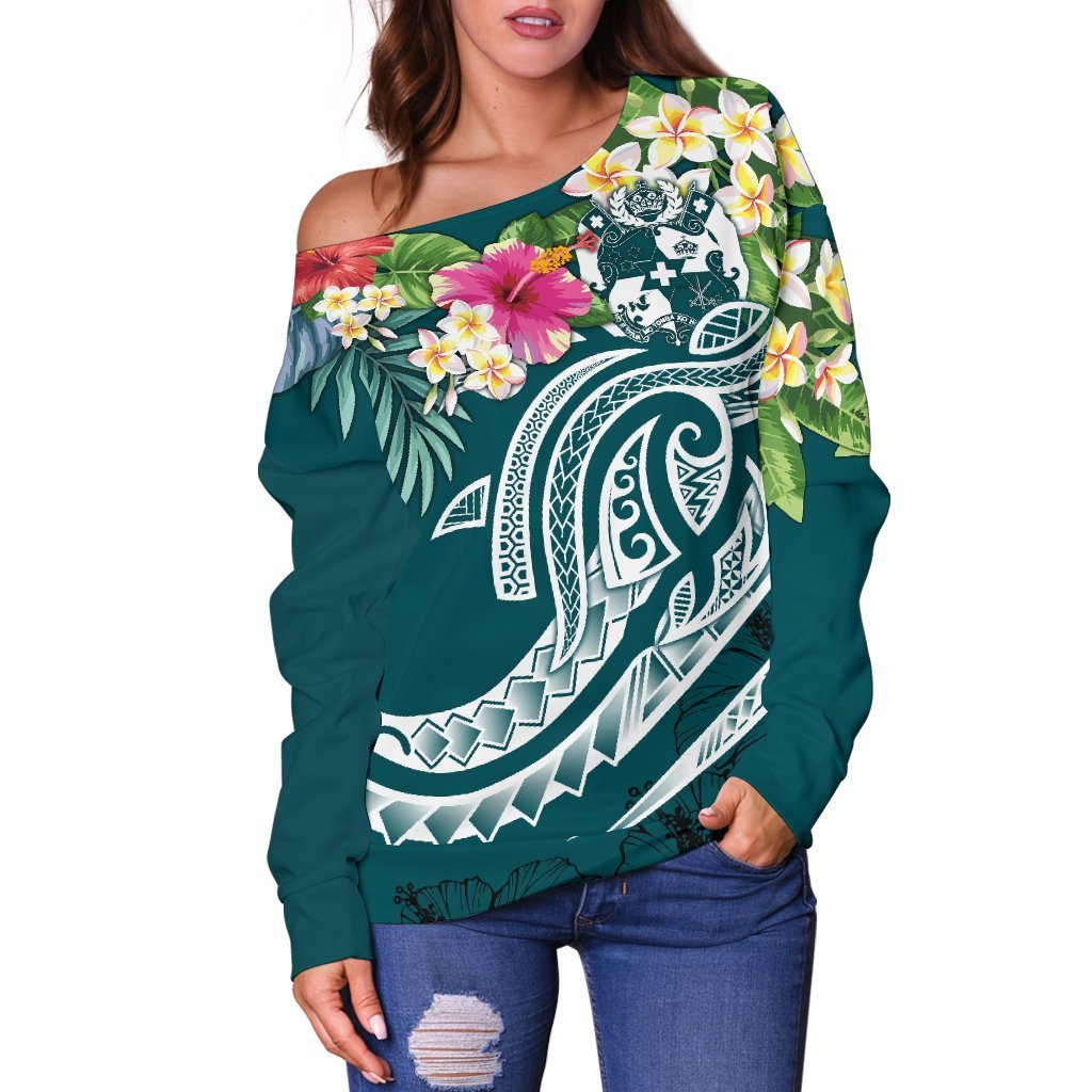 Tonga Polynesian Women's Off Shoulder Sweater - Summer Plumeria (Turquoise) - Polynesian Pride