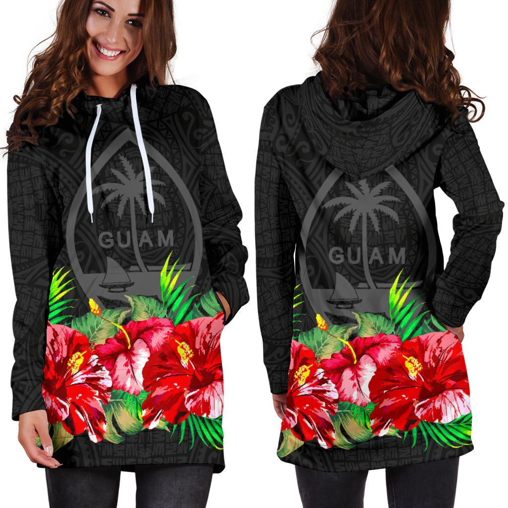 Guam Polynesian Women's Hoodie Dress Black Hibiscus - Polynesian Pride