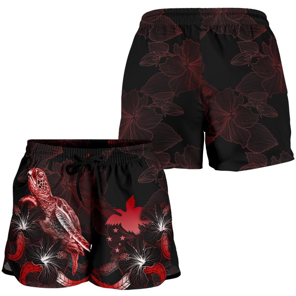 Papua New Guinea Polynesian Women's Shorts - Turtle With Blooming Hibiscus Red - Polynesian Pride