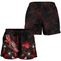 Papua New Guinea Polynesian Women's Shorts - Turtle With Blooming Hibiscus Red - Polynesian Pride
