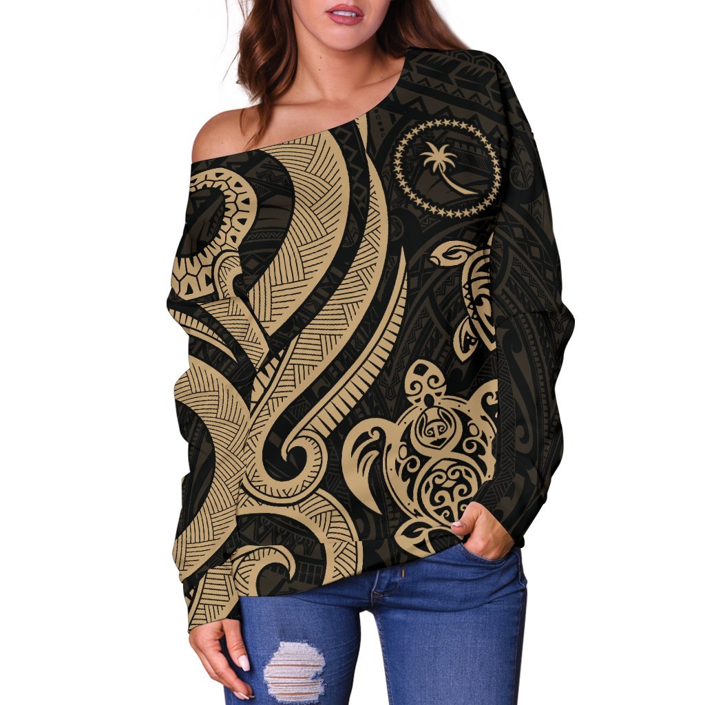 Chuuk Women Off Shoulder Sweater - Gold Tentacle Turtle - Polynesian Pride